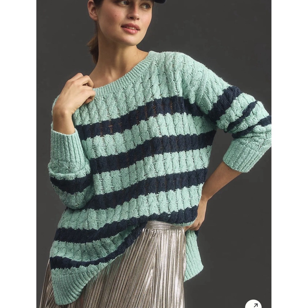 Anthropologie Pilcro Sweater Women M Aqua Navy Striped Cable Knit Coastal Boho